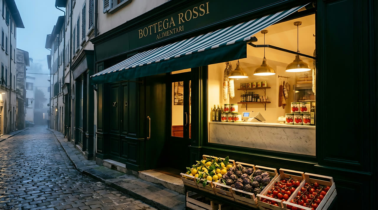 The green shopfront of Bottega Rossi at dawn