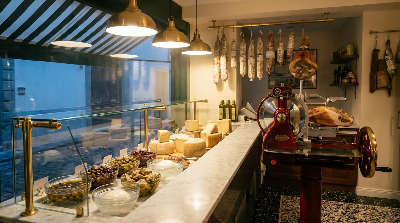 The marble counter with olives, cheeses and the red flywheel slicer