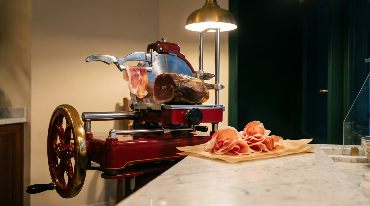 Paper-thin prosciutto slices beside the red flywheel slicer