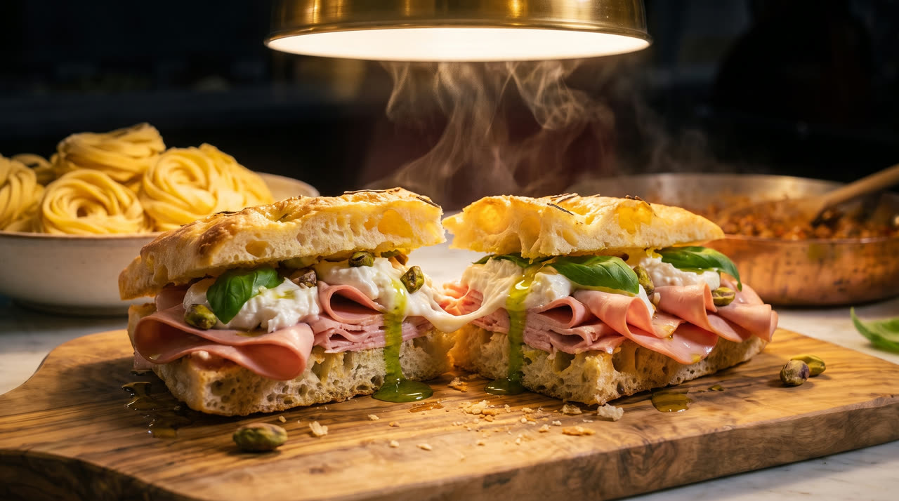 A focaccia panino cut in half, mortadella and mozzarella inside