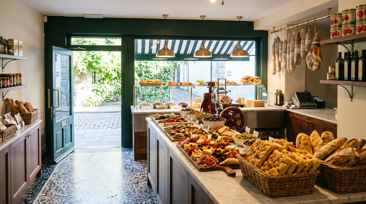 The shop seen from the back, counter dressed and the door open to the morning