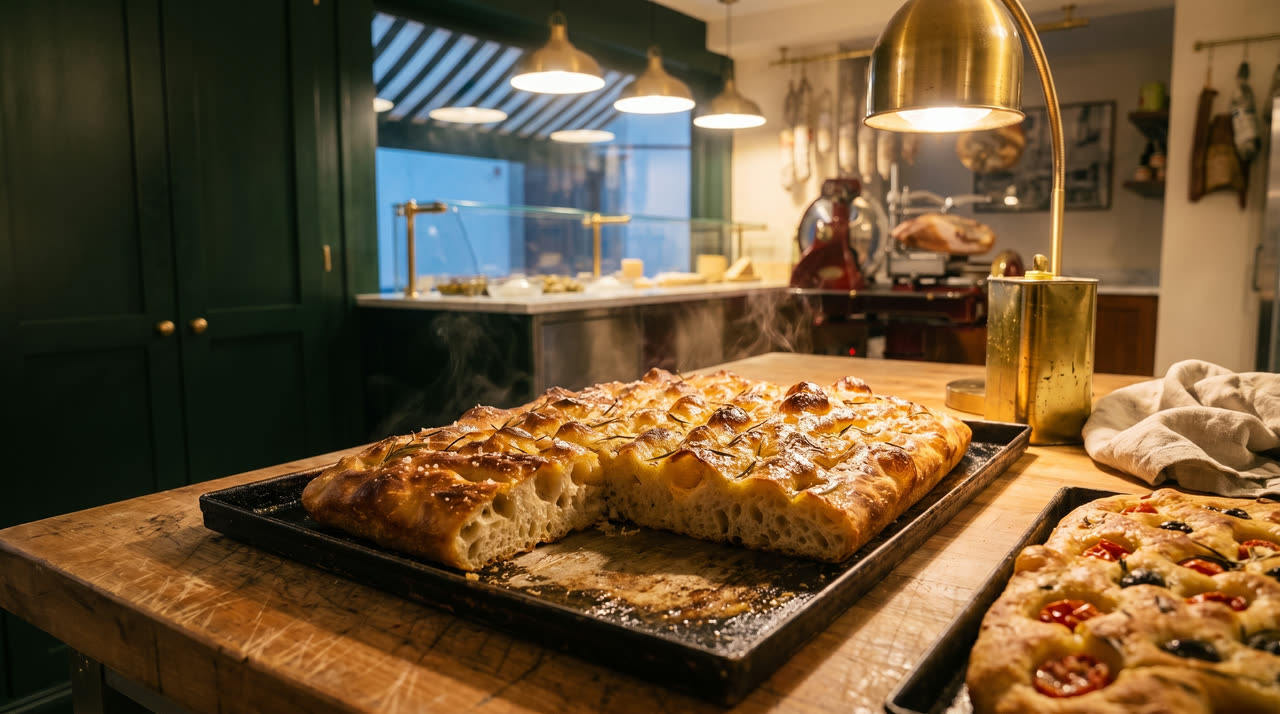 A tray of rosemary focaccia fresh out of the oven